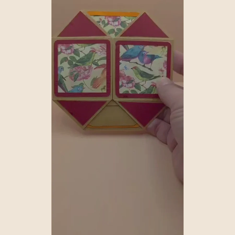 Een speelse handgemaakte kaart die steeds opnieuw openvouwt en telkens een nieuw vlak laat zien. Leuk als persoonlijk en verrassend cadeautje.